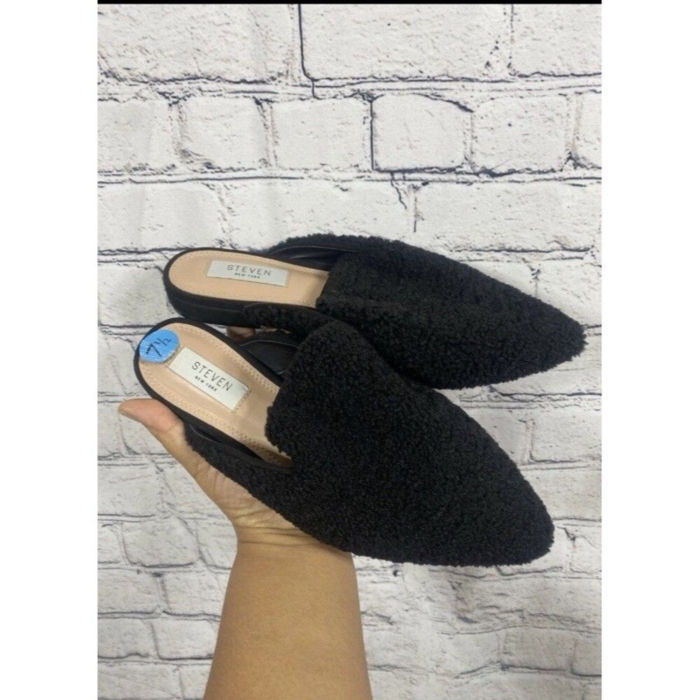 STEVEN New York VERNA slip on pointed toe mule black faux shearling gothic Point